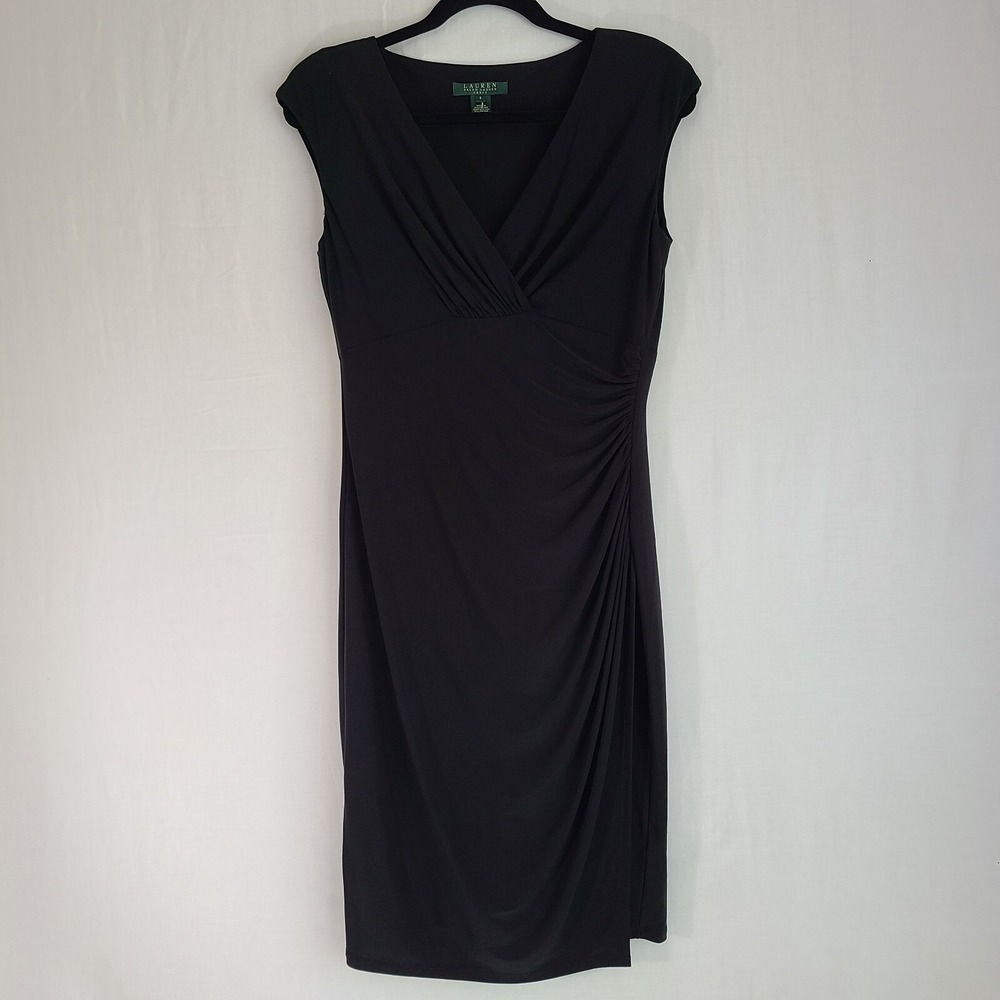 Lauren Ralph Lauren Dress Black Crossover V-neck Ruched Sheath Cap Sleeve 6